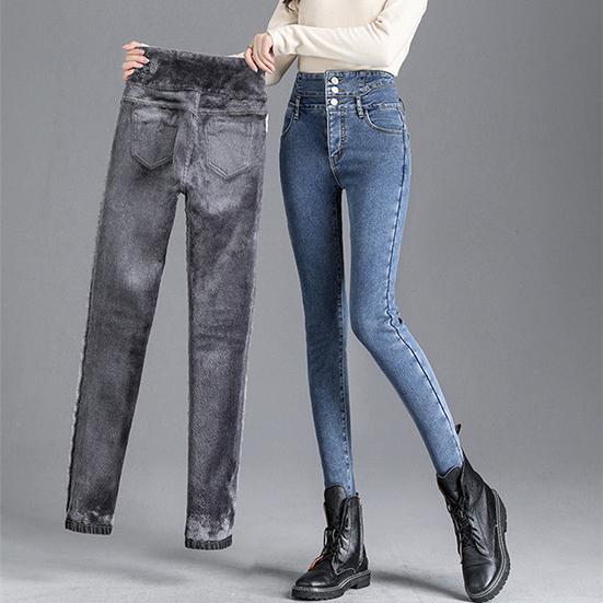 Women's Winter High Waist Plush Jeans Female Large Size Elastic Slim Pants Casual Warm Long Pencil Pants