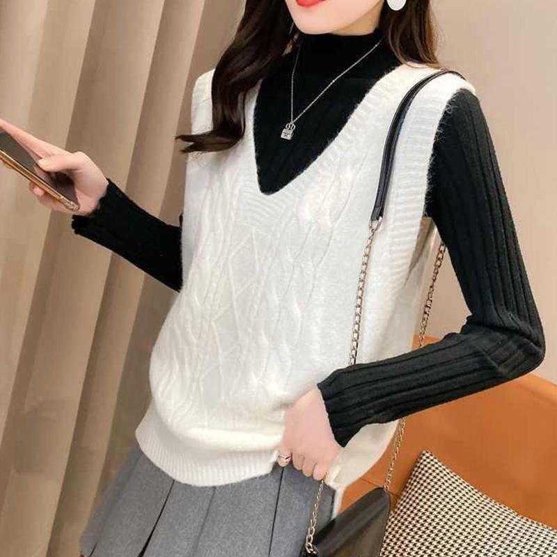 Spring Autumn College Style V-neck Sleeveless Vest Sweater Women Loose Casual Vest Vest Sweater Students