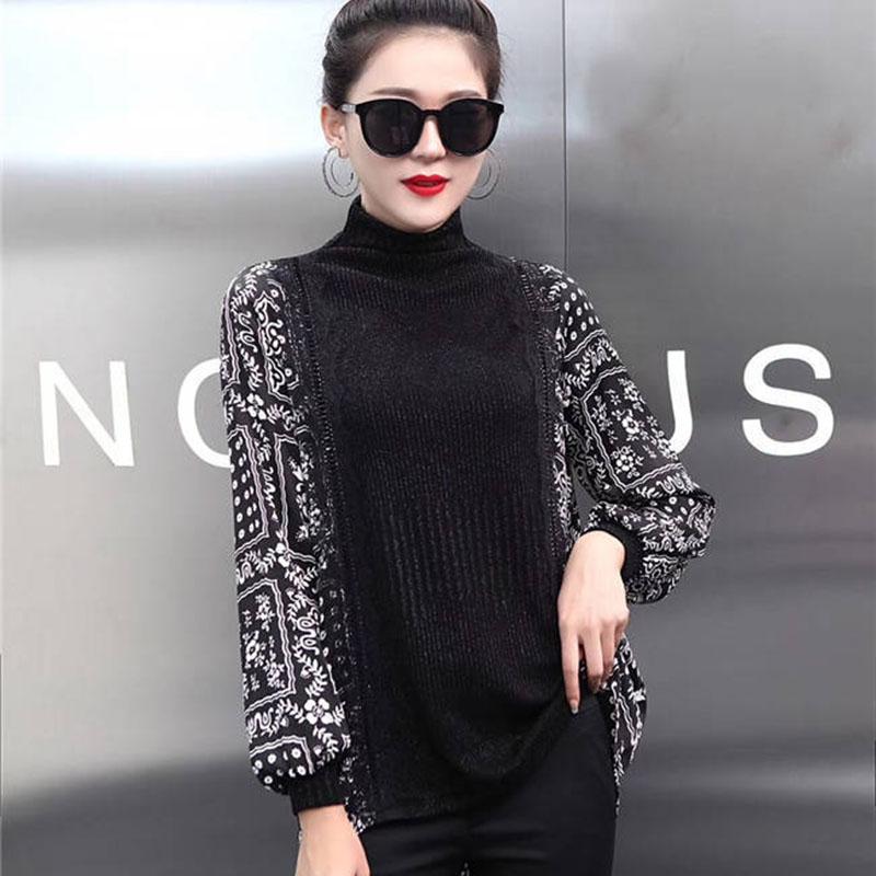 Spring Autumn Vintage Printed Sweater Women Loose Korean Knitwear Top High Neck Pullover Sweater