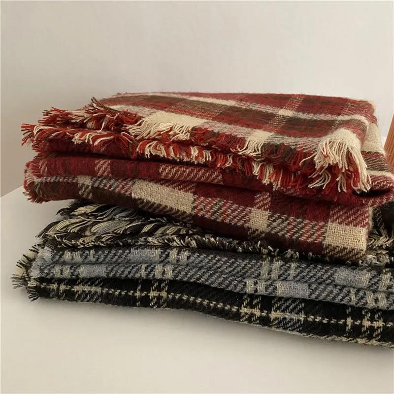 Winter Imitation Cashmere Scarf Korean Fashion Fringed Plaid Scarf Women's Dual-use Lengthened Thick Shawl Scarf