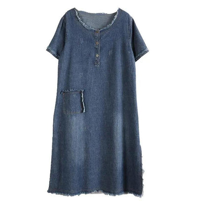 Denim Dress Short-sleeved Temperament Dress Summer Loose Mid-length Round Neck Plus Size Denim Skirt Women