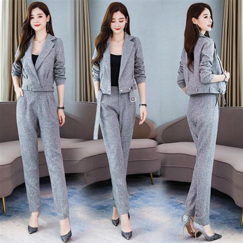 Thin Suit Spring and Autumn Women's Temperament Two-piece Casual Suit Short Jacket Straight-leg Pants Work Wear Slim Slimming Ladies Suit