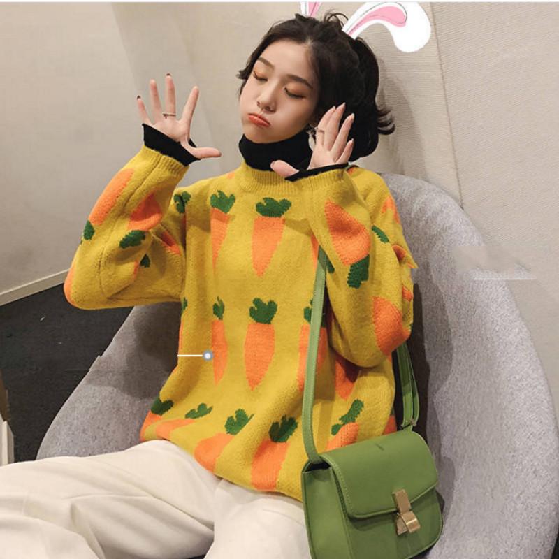 Pofulove Christmas Carrot Sweater Women's Autumn Winter Wear Loose Inner Jumper Long Sleeve Bottoming Sweater