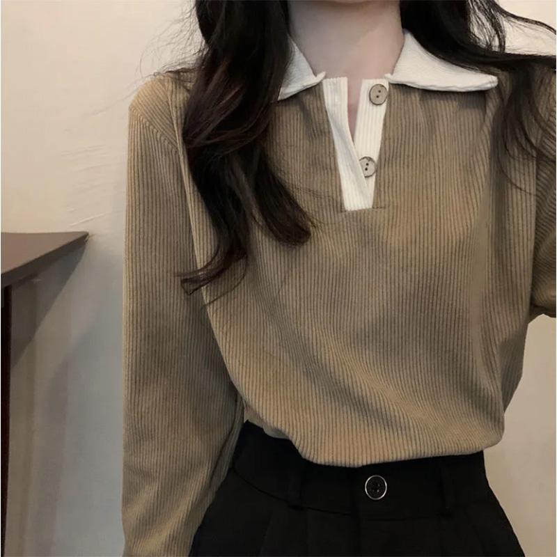 Retro Lapel Long-sleeved Knitted Sweater Women's Loose Striped Bottoming Shirt Inner Top Pullover T-shirt