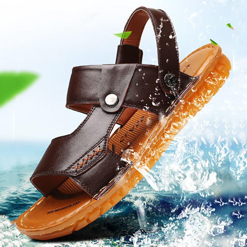 First Layer Cowhide Men's Sandals Tendon Sole Leather Beach Shoes Summer Leisure Sandals and Slippers Non-slip Soft Sole Sandals