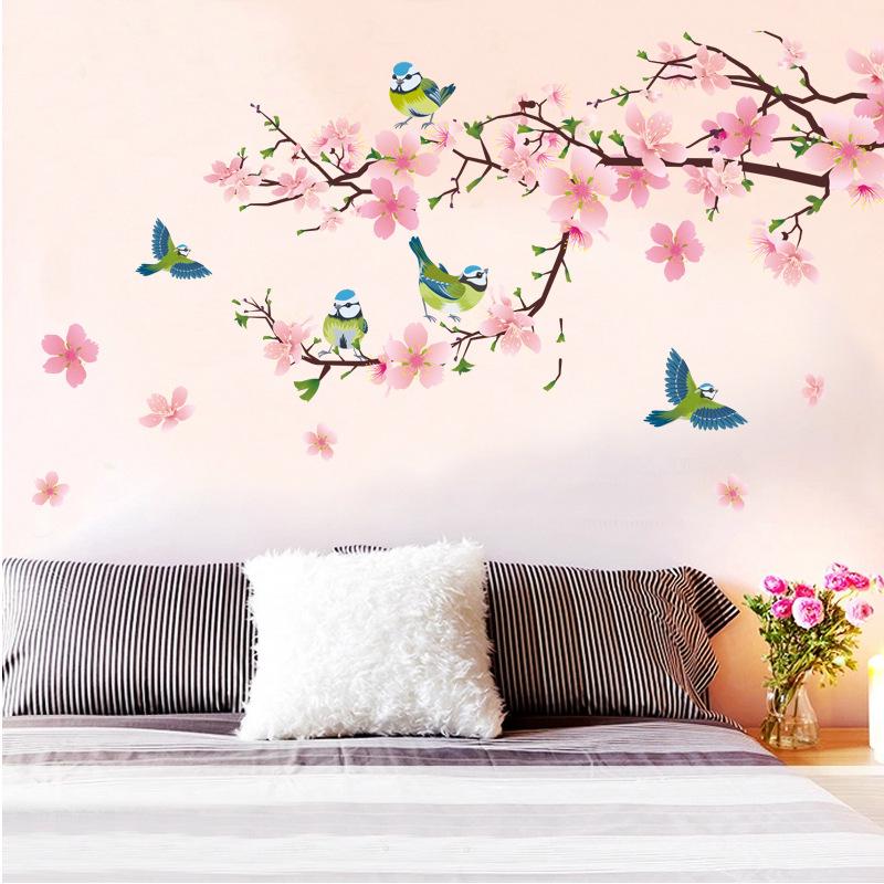 Warm romantic peach flower bird background decoration room sofa removable pvc wall stickers