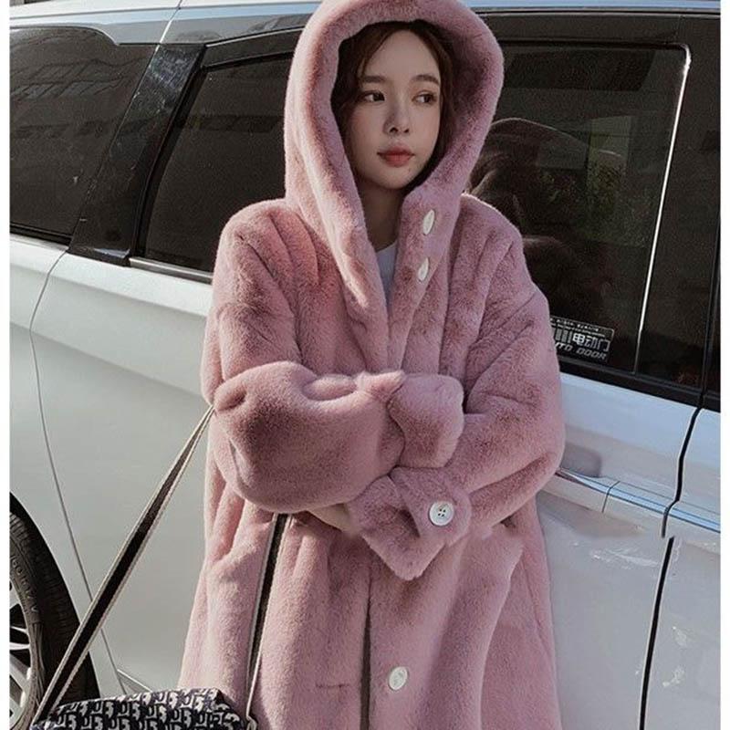 Autumn and Winter Imitation Mink Cardigan Hooded Loose Mid-length Lazy Sweater Plus Size Jacket Women