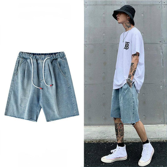 Light-colored Denim Shorts for Men and Women Couples Tide Brand Loose Straight Five-point Ins Wild Summer Thin Outer Wear