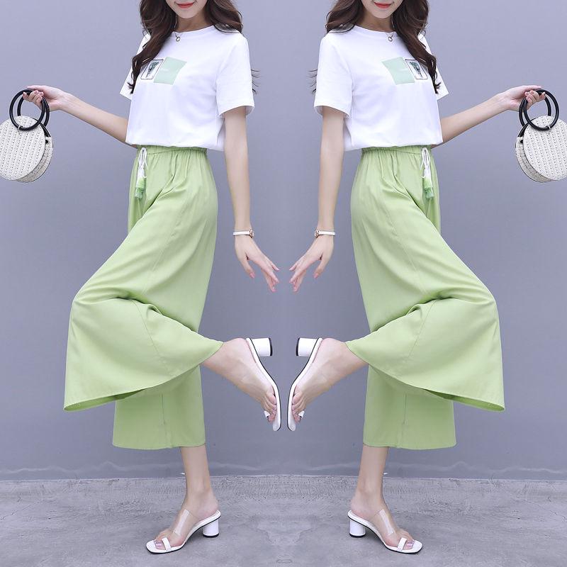 Pofulove Summer Pants Set Women Printed Cotton T-shirt Wide Leg Pants Two-piece Set Women Outfits