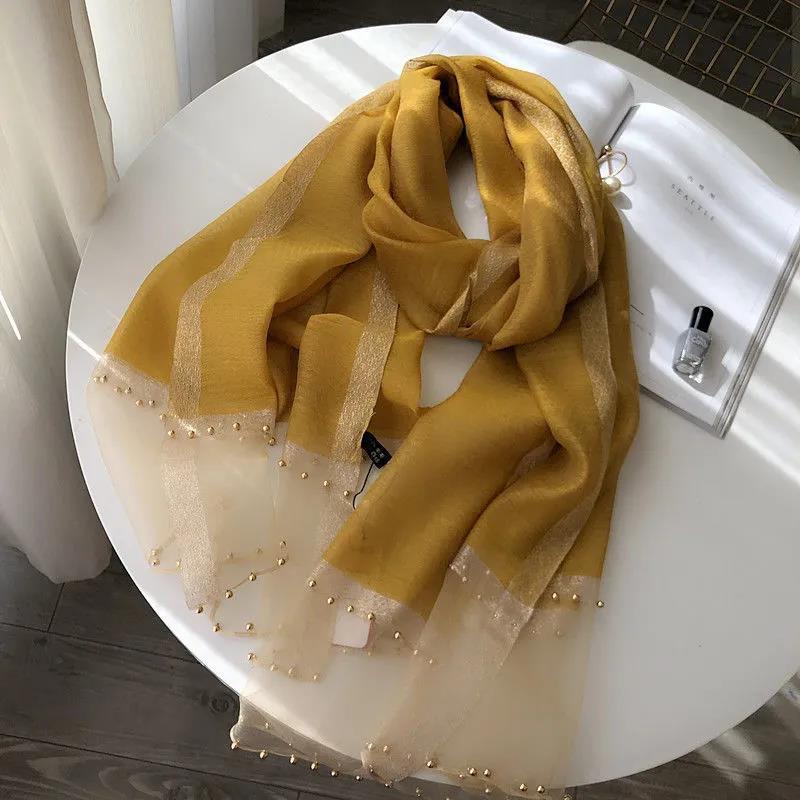 Women's Boutique Silk Scarf Mulberry Silk Scarf Warm Autumn and Winter Shawl Scarf Embroidered Gauze Scarves Pearl Hem Decor Neckerchief Solid Shawl