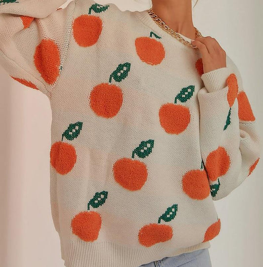 Orange Fruit Winter Knit Sweater, Female Crew Neck Pullover, Long Sleeve Jumper, Women Casual Sweatshirt