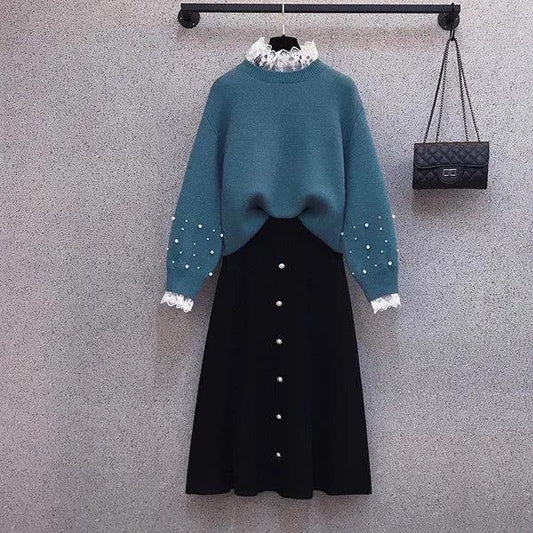 2pcs/set Plus Size Knitted Skirt Sets Women Fall/winter Beaded Lace Stitching Pullover Sweater and Knitted Skirt Two-piece Set Female Outfits