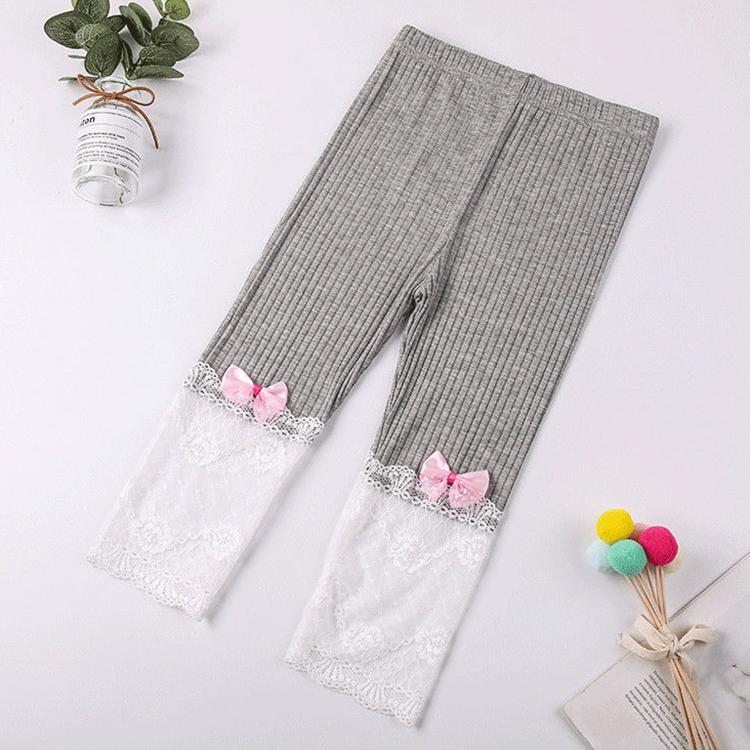 Girls' Leggings Children's Spring and Autumn Thin Lace Hollow Bow Korean Solid Color Capris Elastic Pants