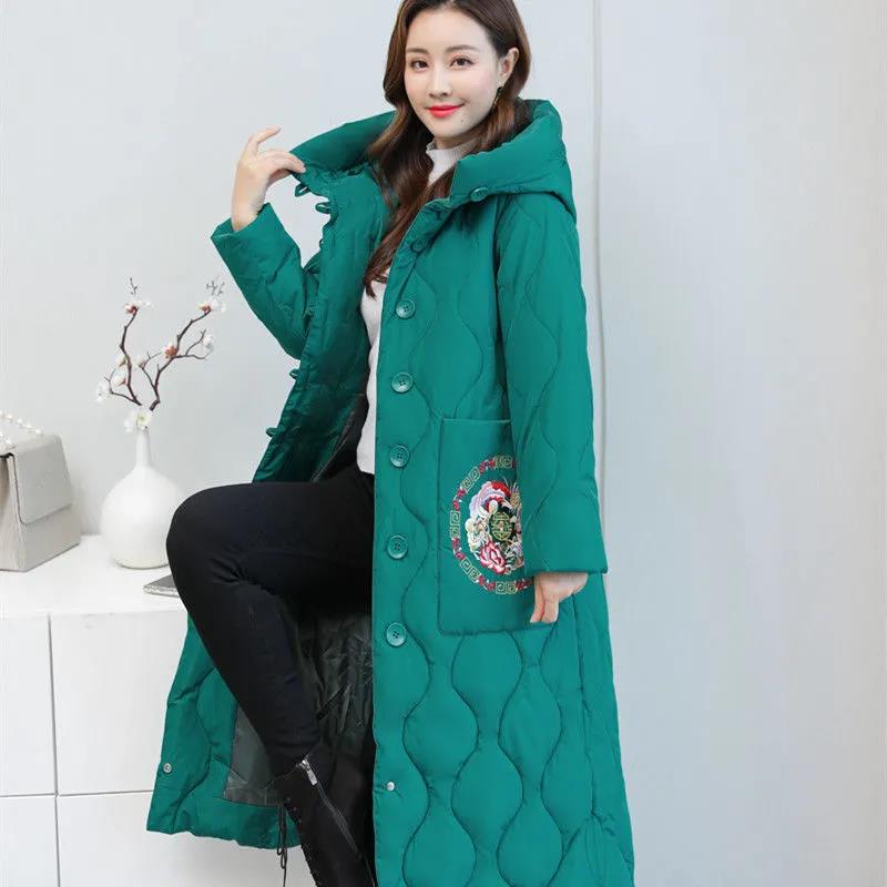 Winter Women's Down Jacket Retro Embroidery Long Cotton Jacket Thick Warmth Folk Style Over-the-knee Windbreaker Jacket