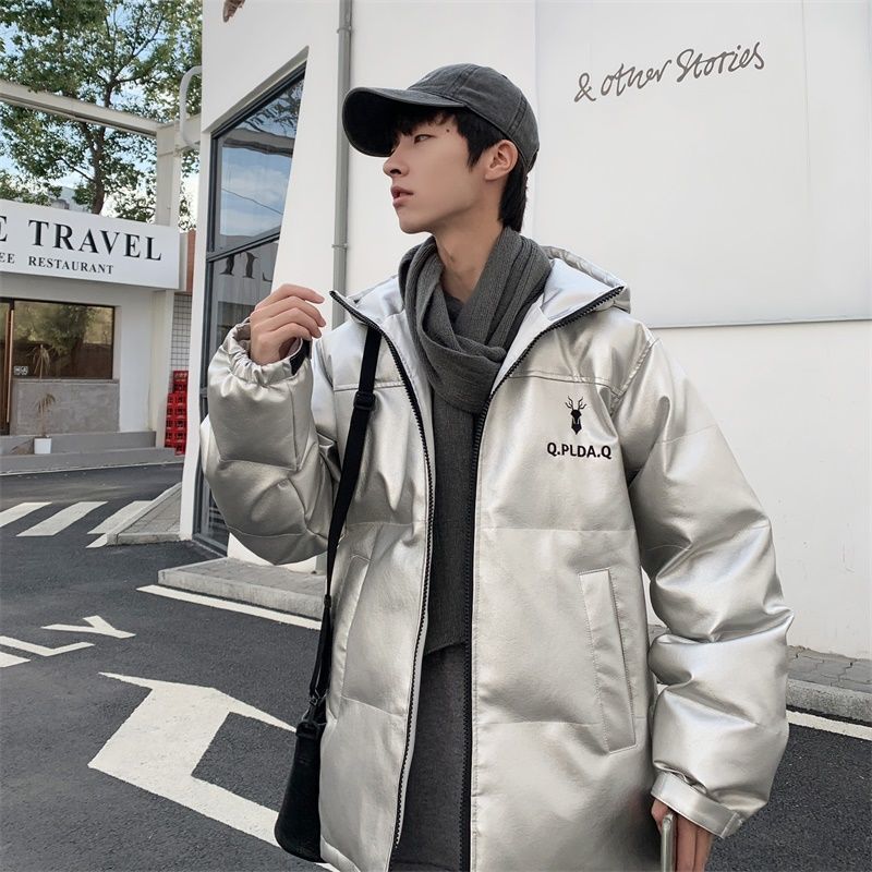 Men's Cotton-padded Jacket Winter Hong Kong Style Trend Loose Hooded Jacket Windproof PU Embroidered Winter Leather Padded Jacket