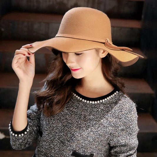 Women's Retro Big Brim Wool Blend Hat Bow Solid Color Warm Basin Hat Casual Vacation Felt Hat Elegant Top Hat