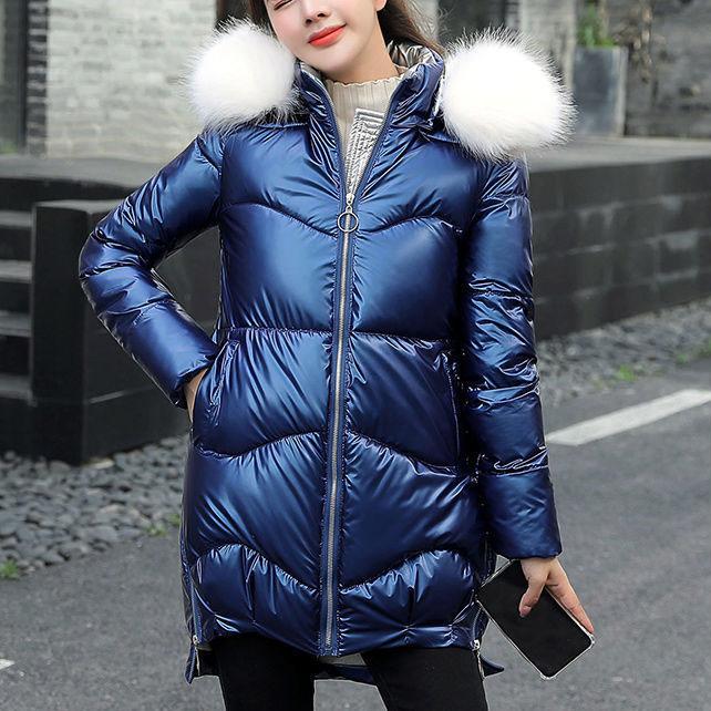 Women's Winter Mid-length Parkas Jackets Female Casual Thicken Warm Hooded Jackets Coats Windproof Shiny Parka Coat with Fur Collar