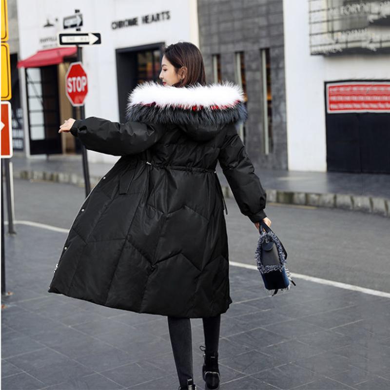 Women's Solid Color White Duck Down Jacket Mid-length Korean Style Loose Thick Coat Warm Cotton Coat with Big Fur Collar Winter Quilted Jacket