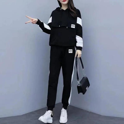 Women's Black and White Stitching Color Hoodie Suit Women's Loose and Thin Leisure Sports Two-piece Hooded Sweater Loose Sweatpants