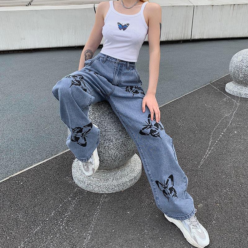 Butterfly Print Straight-leg Jeans Vintage Jeans Loose Streetwear Women's High-waisted Slim and Versatile Drape Loose Mopping Casual Pants