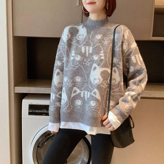 Autumn Winter  Women Fashion Sweater Casual Knitting Sweater Print Round Neck Pullovers Loose Casual Long Sleeve Sweater