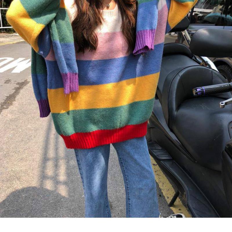 Pofulove Sweet Rainbow Striped Sweater Female Korean Lazy Loose Hit Color Pullover Sweater Coat