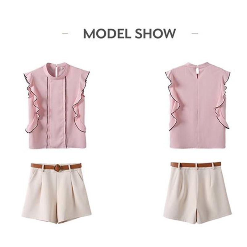 Women Shorts Suit Pleated Chiffon Blouse Shorts Two-piece Set Elegant Tops Shorts Set