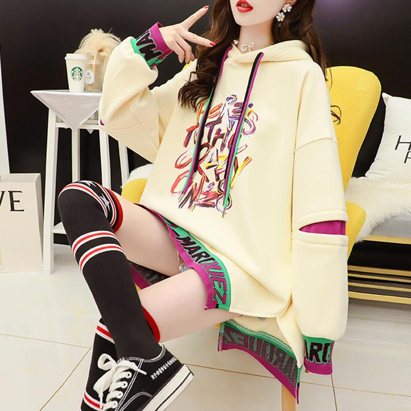 Middle Long Female Hooded Sweater Plus Velvet Thick Korean Coat Loose Wild Fashion Street Top