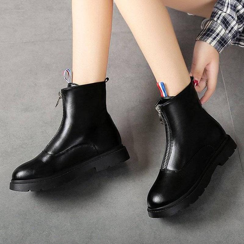 Chelsea Boots Women Platform Shoes Autumn Pu Leather Ankle Boots Slip-On Ladies Short Boots black