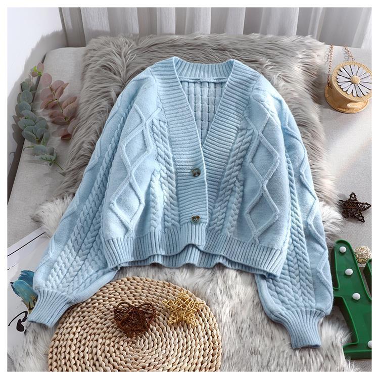 Autumn and Winter Woolen Cardigan Jacket Short Knitted Women Loose Top Casual Lantern Sleeve Women Sweater