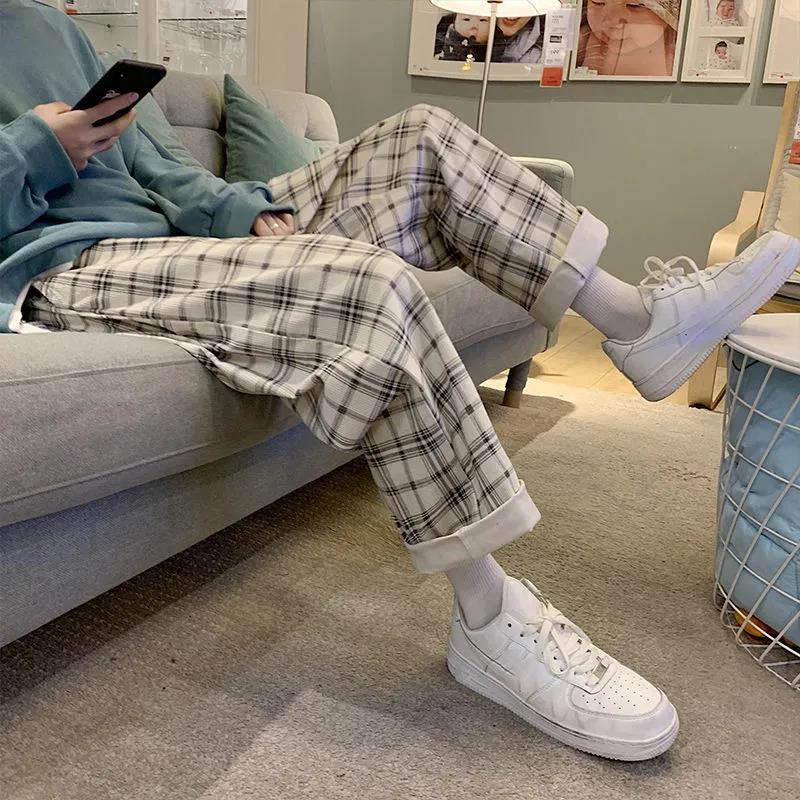 Pants Female Autumn and Winter Korean Students Plus Velvet Thickening Casual Straight Pants Loose Plaid Pants Wild Thin Wide-leg Pants