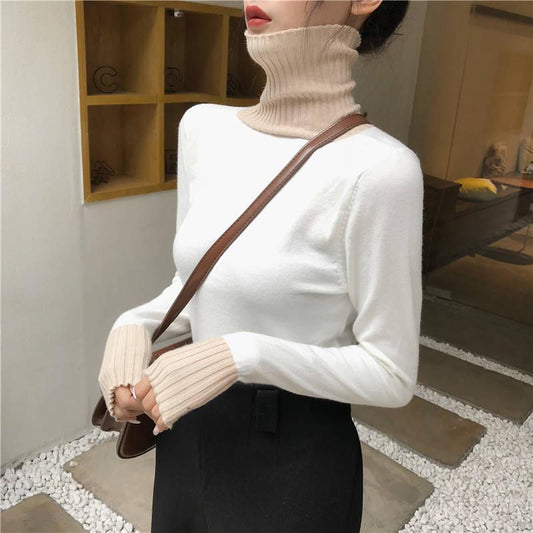 Women Autumn Winter Sweater Turtleneck Contrast Color Long-sleeved Knitted Bottoming Shirt