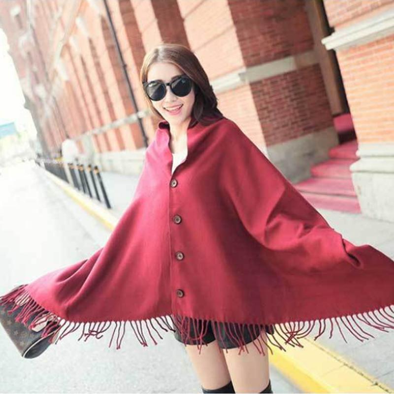 Women's Autumn Winter Multifunctional Shawl Scarf with Buckle Korean Style Warm Imitation Cashmere Scarf Air Conditioning Shawl Padded Cloak Jacket