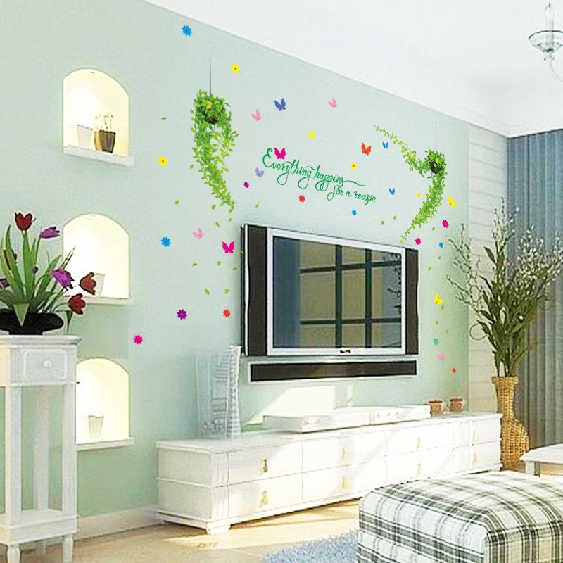 Fresh hanging baskets Pastoral style room background decorative wall stickers leaves wallpaper