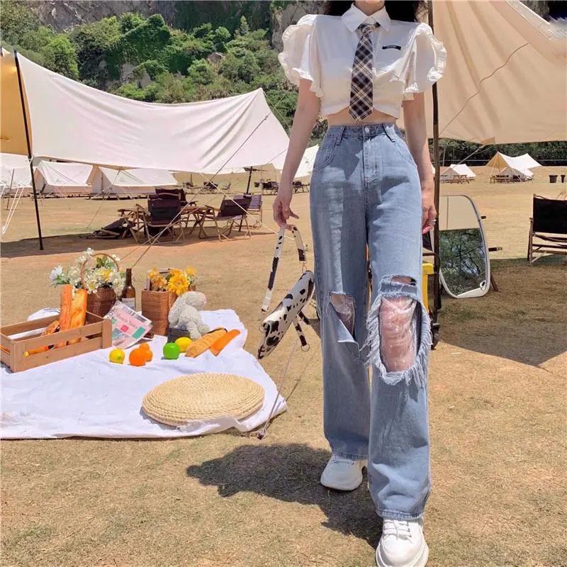 Summer Ins Lace Ripped Jeans Women's High Waist Thin Loose Straight Thin Trousers Casual Wide Denmin Pants