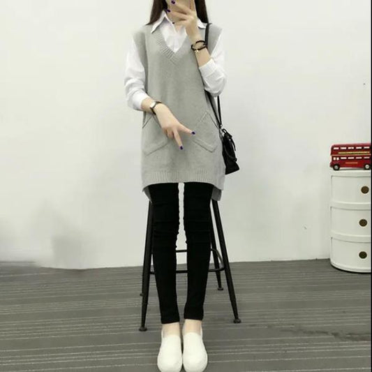 Autumn and Winter Mid-length Knitted Vest Women Loose Hedging V-neck Vest Thickened Large Size Waistcoat