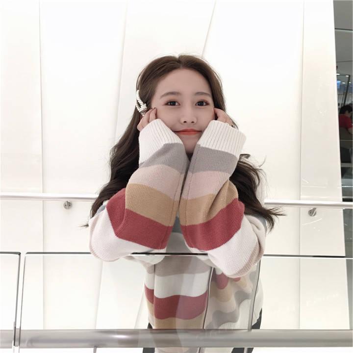 Pofulove Loose Pullover Sweater Women Autumn  Winter Cute Colored Striped Knitted Sweater Student