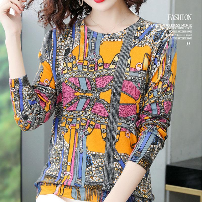 Ethnic Style Printed  Sweater Women Autumn Winter Loose O-Neck Long Sleeve Pullover Knit Jumper Sweater