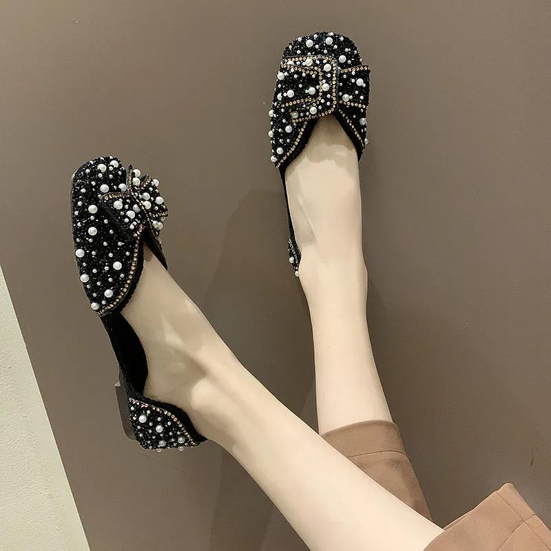 Single Shoes Women Spring and Summer Korean Version of Square Toe Flat Pearl Rhinestone Grandma Shoes Soft Sole