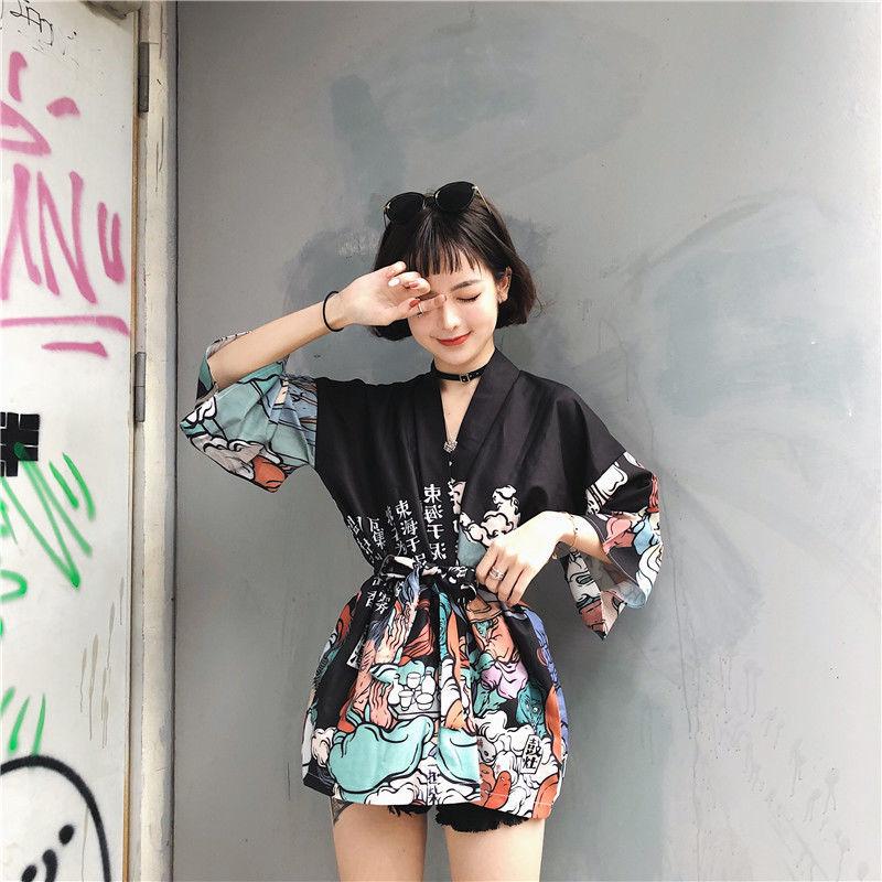 Comic Print  Cardigans Japanese Kimono Cardigan Woman Thin College Streetwear Sunscreen Clothes Kimono Coat