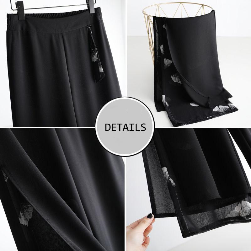 WTEMPO Floral Double Chiffon Women Ankle-Length Pants Skirt-like Wide-leg Pants Loose High Waist Trousers Cool and Breathable