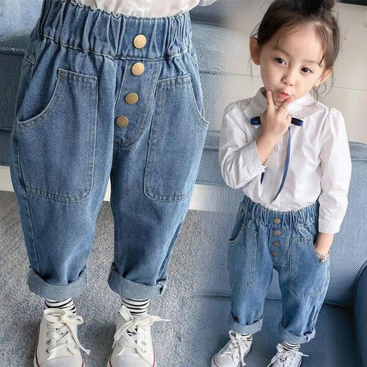 Children's Jeans Boys and Girls' Spring and Autumn Korean Style Casual Pants with Loose Embroidery Denim Pants