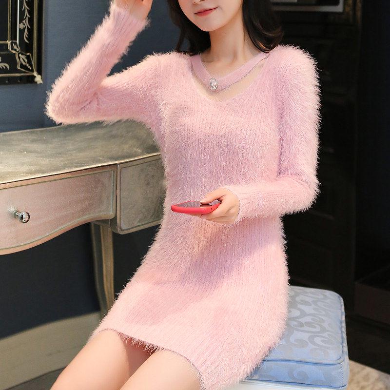 Autumn and Winter Mohair V-neck Sweater Pullover Mid-length Slim Top Solid Color Sexy Female Sweater Dress