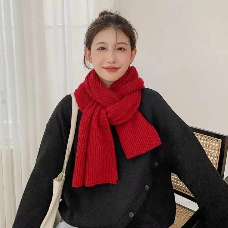 Women's Winter Knitted Scarf Pure Color Cashmere Thickened Warm Scarf Korean Simple Style All Match Wrap Shawl Neck Cover Long Handmade Neckerchief