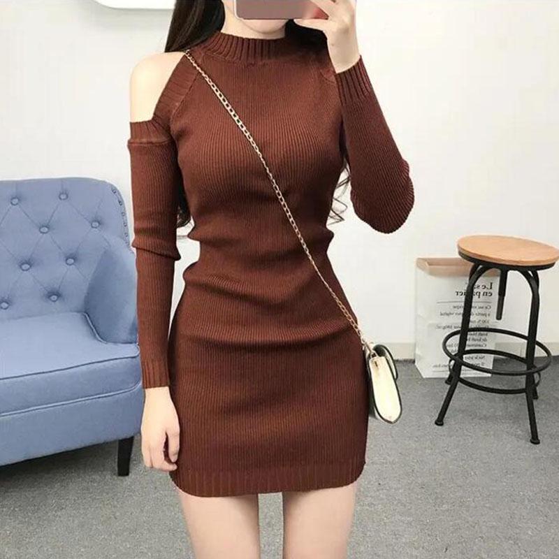 Spring Autumn Women's Knitted Pullover Sweater Sexy  Off-shoulder Long Sleeve Knit Dress Women's Mid-length Bag Hip Base Bodycon Sweater Dress