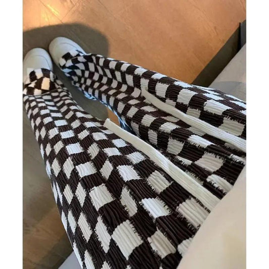 Women's Checkerboard Wide-leg Pants Autumn High-waisted Casual Straight-leg Pants Drawstring Walking Black and White Lattice Ladies Pants