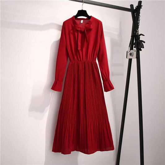 Female Simple Elegant Base Casual Dress Slim Bow V-neck Pleated Vintage High Waist Holiday Dress