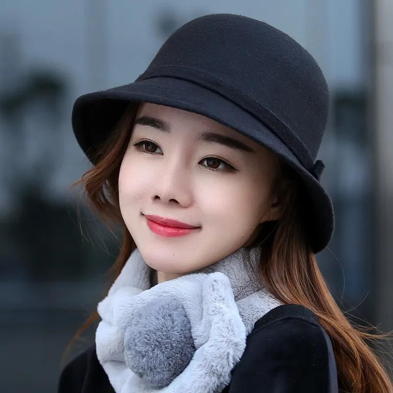 Women's Simple Elegant Pot Hat Wool Blended Bow Basin Hat Autumn Winter Solid Color Casual All-match Bucket Hat