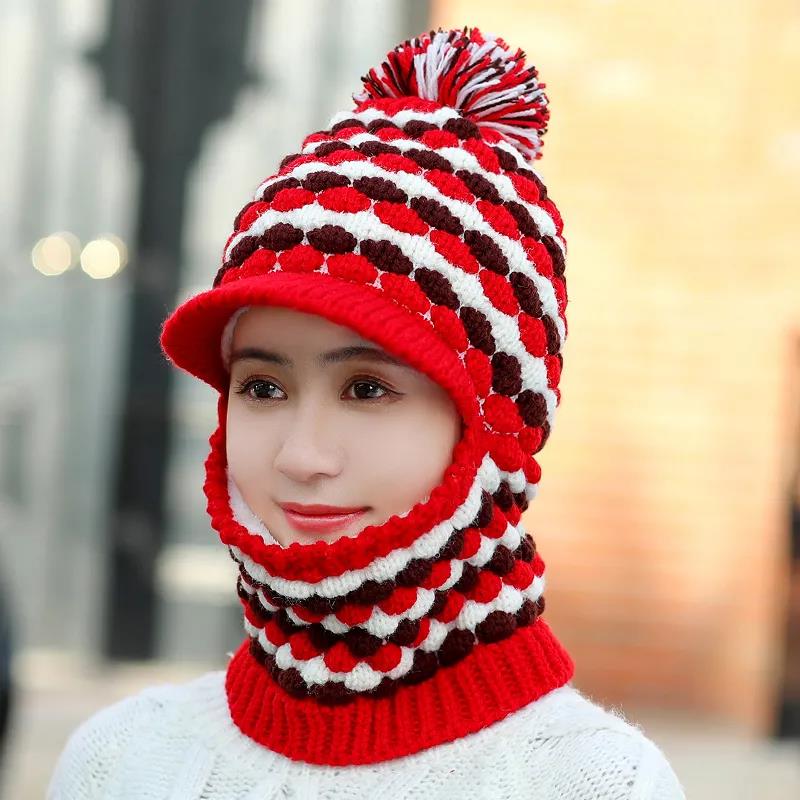 Winter Women's Knitted Hat and Bib One-piece Plus Velvet Warm Knitted Hat Cycling Windproof Neck Cover One-piece Hat