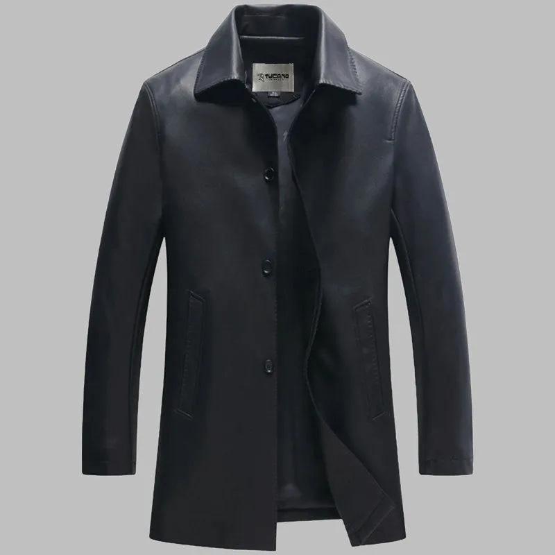 Men's Leather Clothing High Quality Sheepskin Leather Jacket Business Casual Mid-length Winter Warm Plus Fleece Thick Jacket Turn Down Collar Coat